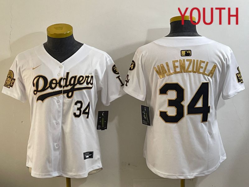 Youth  Los Angeles Dodgers #34 Valenzuela 2024 World series patch white jersey 202411201